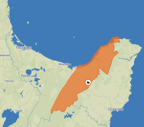Map showing area of weather warning 9 August 2026 Eastern Bay of Plenty ranges